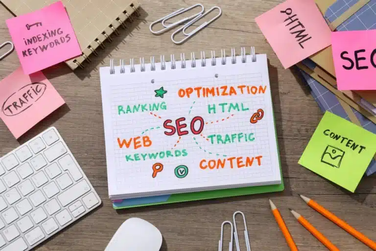 Στόχοι SEO τι μετράτε πέρα από τη θέση στη Google - SEO - Οργανική Απήχηση Notebook page with colorful SEO keywords (Optimization, Ranking, Web, Content, HTML) and doodles on graph paper.