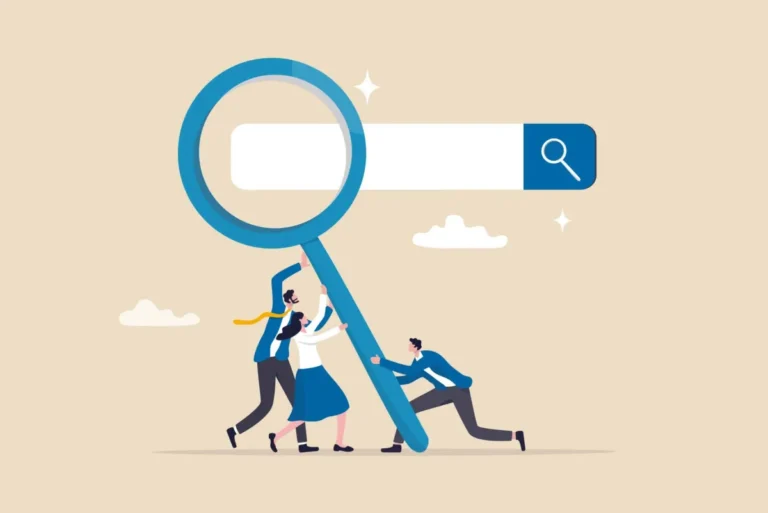 People work together to lift a giant magnifying glass over a long search bar, symbolizing teamwork in searching or optimizationing search results