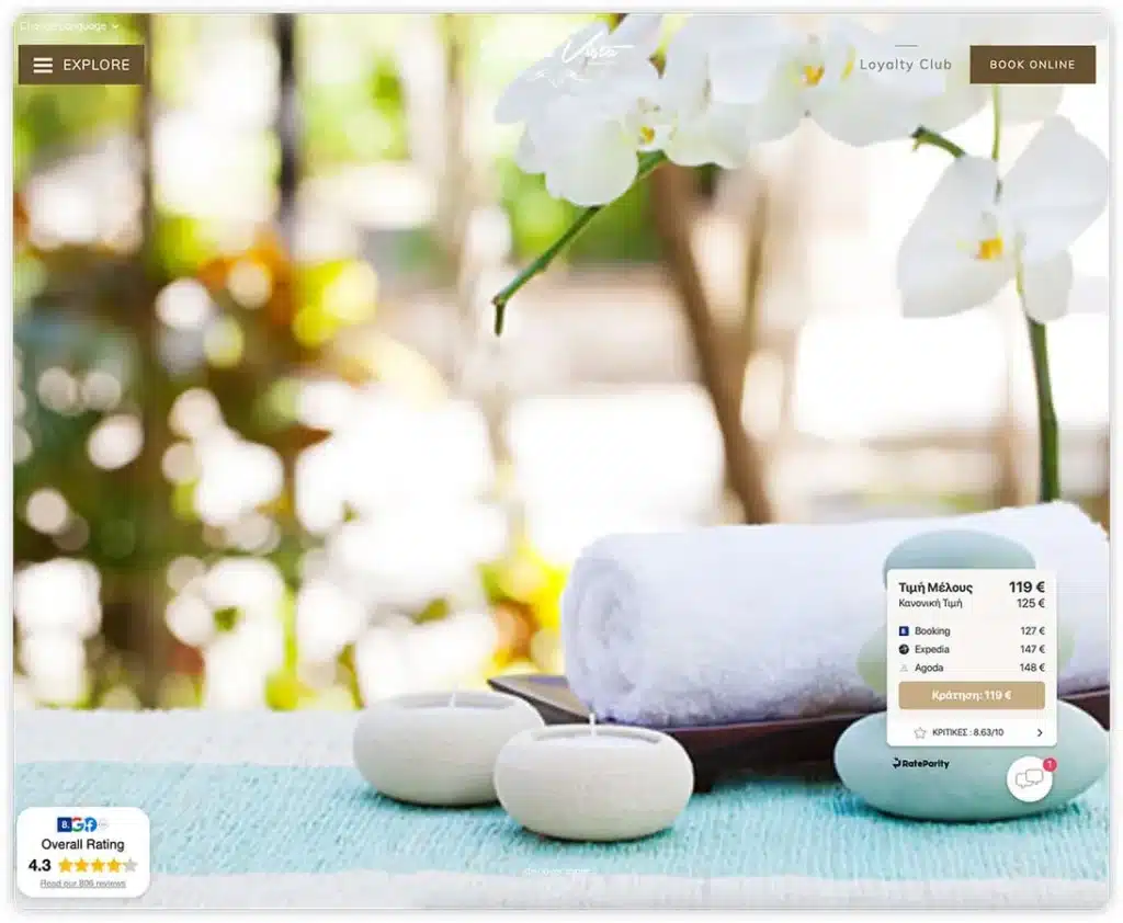 Hotel spa hero image with white orchids, rolled towel and massage stones; overlay shows a booking widget and 'Book Online' button.
