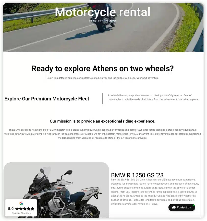 Hero image for motorcycle rental page: a motorbike on a curved road with the headline 'Ready to explore Athens on two wheels?'