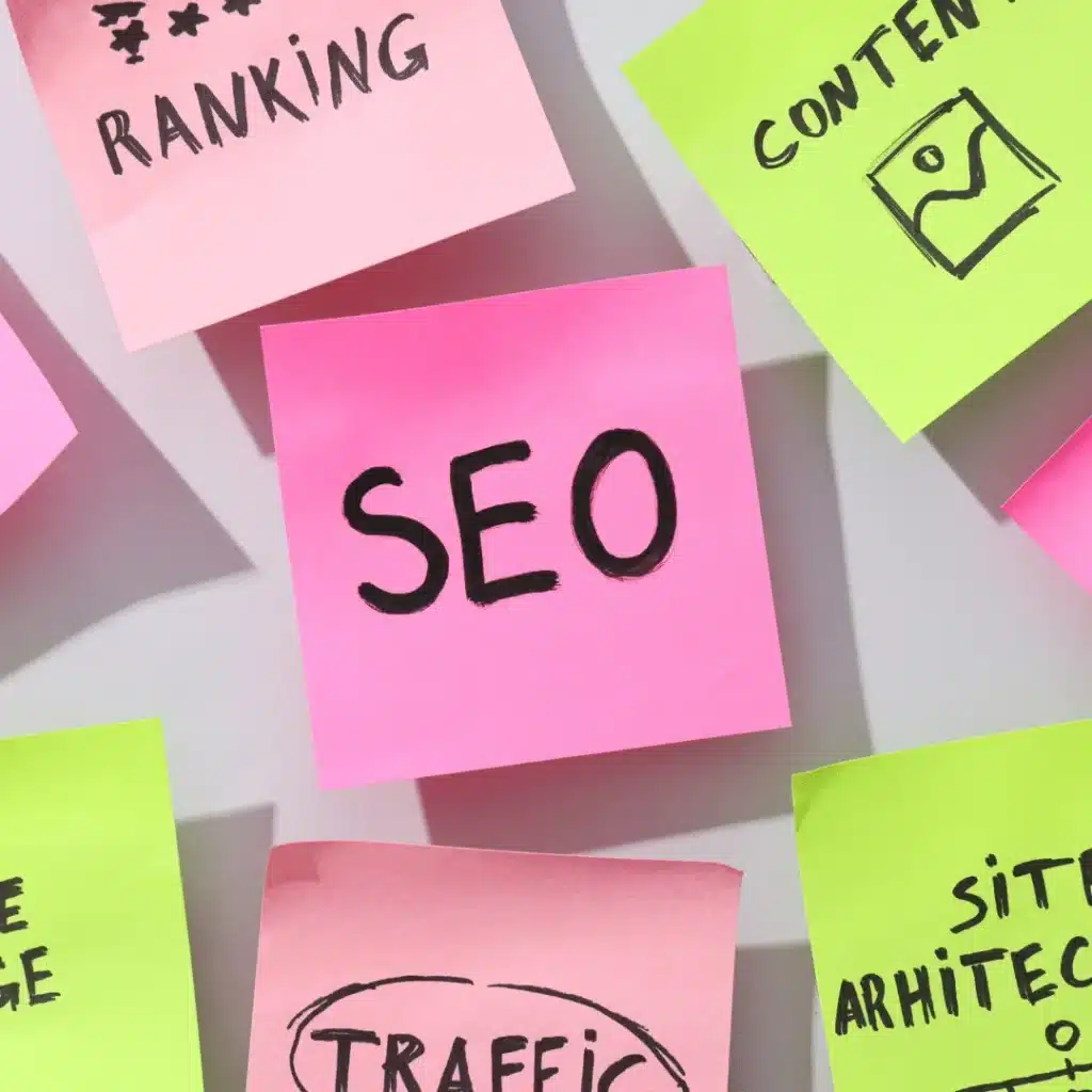 Στρατηγική SEO πώς φτιάχνετε ένα εφαρμόσιμο πλάνο - SEO - Οργανική Απήχηση Bright sticky notes with 'SEO' in bold on a pink page, surrounded by neon notes reading 'RANKING', 'CONTENT', and related terms like 'TRAFFIC'—suggesting SEO planning.