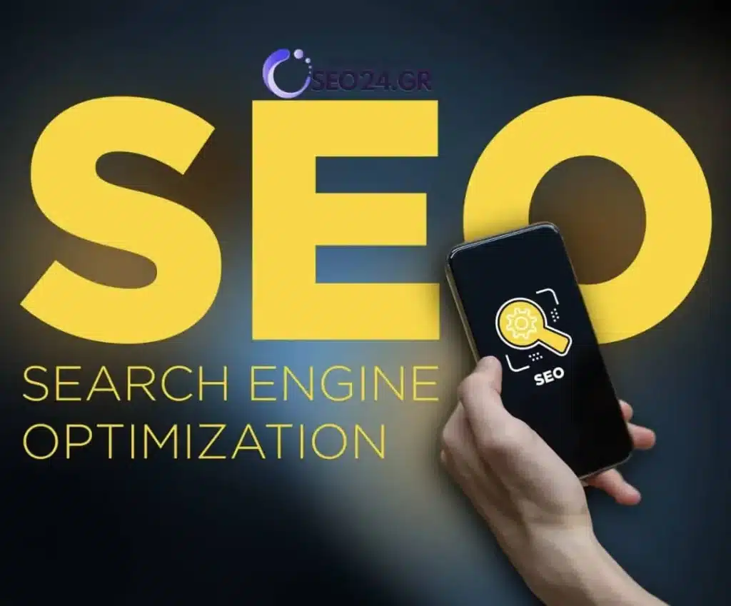 Bold yellow 'SEO' letters with 'Search Engine Optimization' text below; a hand holds a smartphone displaying an SEO cog icon.