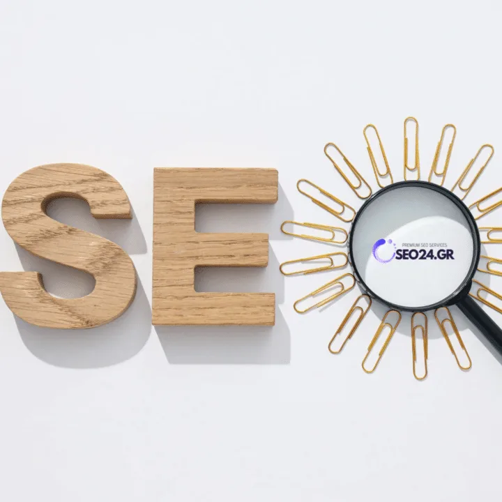 On-page και off-page SEO ποια είναι η διαφορά και τι προηγείται - SEO - Οργανική Απήχηση Wooden letters spell SEO with a magnifying glass over a logo reading SEO24.GR for an SEO concept image.