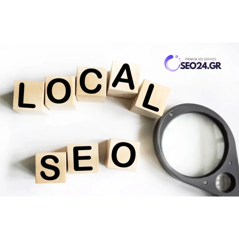 Local SEO πώς σας βρίσκουν οι πελάτες στην περιοχή σας - SEO - Οργανική Απήχηση Blocks spell 'LOCAL SEO' with a magnifying glass beside them on a white background, SEO24.GR logo in the corner