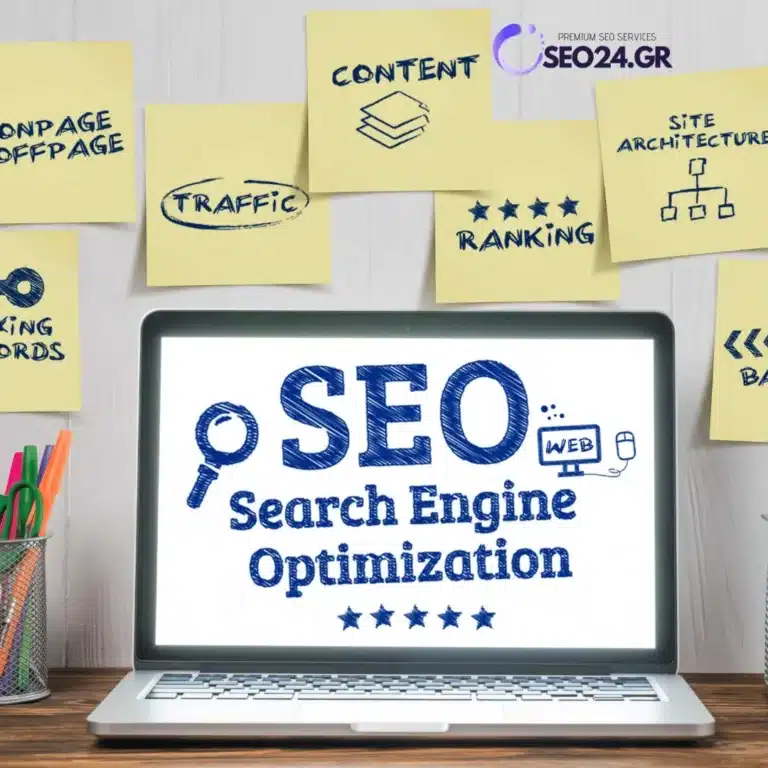 Προτεραιότητες SEO τι διορθώνετε πρώτο όταν όλα φαίνονται σημαντικά - SEO - Οργανική Απήχηση Laptop screen displays 'SEO' and 'Search Engine Optimization' with a magnifying glass icon, surrounded by marketing sticky notes on a wall.