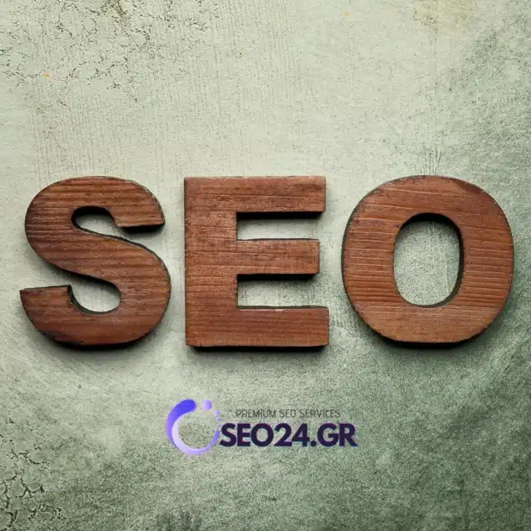 Social media και SEO πώς συνεργάζονται στην πράξη - SEO - Οργανική Απήχηση Large wooden letters spell 'SEO' on a textured gray surface, with a 'SEO24.GR' logo below (SEO services theme).