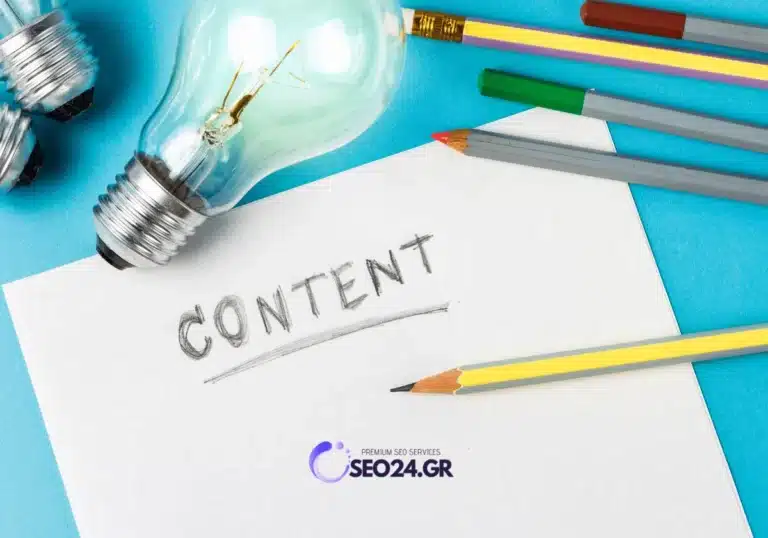 Περιεχόμενο SEO που διαβάζεται πώς γράφετε μια χρήσιμη σελίδα - SEO - Οργανική Απήχηση Sheet of paper with the word CONTENT handwritten in pencil, surrounded by colored pencils and a light bulb on a blue background. SEO24.GR logo is at the bottom.
