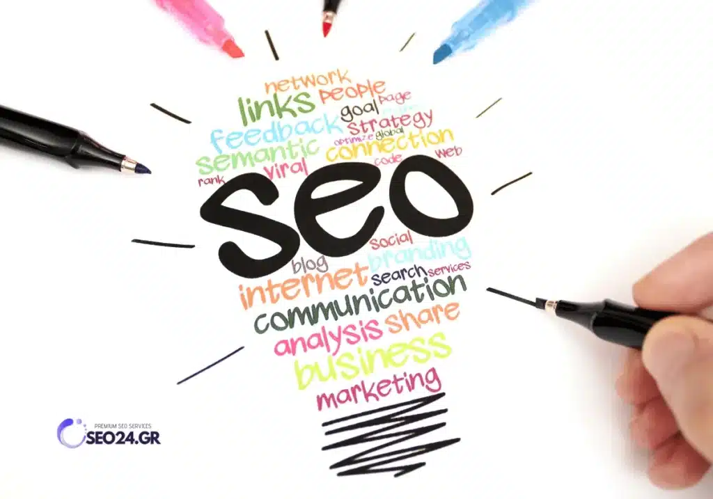 SEO βήμα βήμα από τον πρώτο έλεγχο στη μέτρηση - SEO - Οργανική Απήχηση Lightbulb-shaped word cloud of SEO terms in bright colors, with pens around it (SEO concepts like links, marketing, traffic).