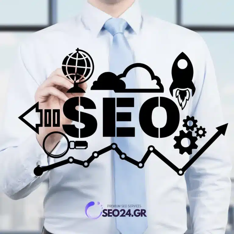 Τι να ζητήσετε από έναν συνεργάτη SEO πριν και κατά τη συνεργασία - SEO - Οργανική Απήχηση Businessperson presenting SEO concepts with icons (globe, cloud, rocket, gears) and a rising line chart to symbolize growth in search performance.