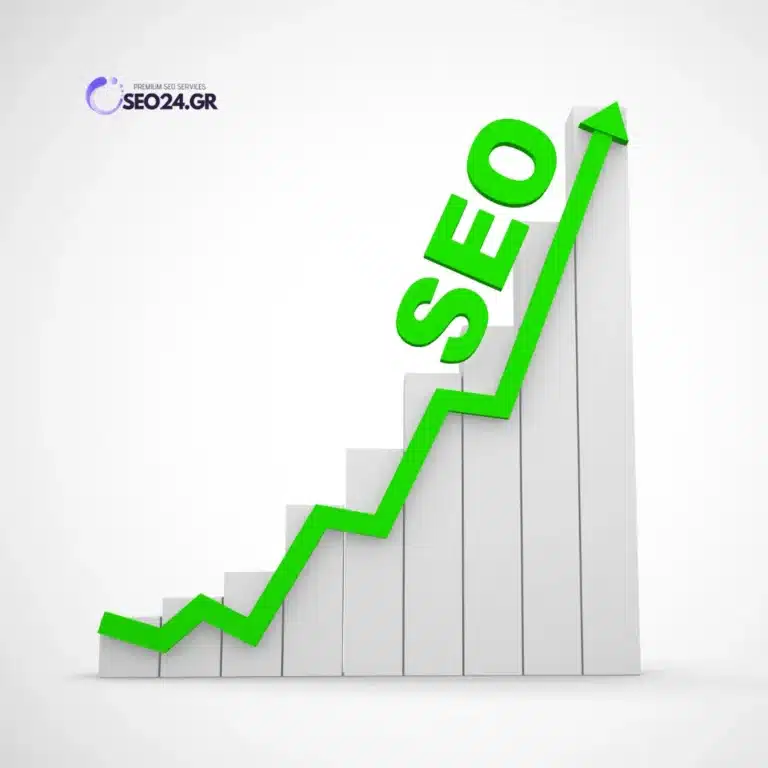 Χρειάζεται συνεχές SEO μετά την κατασκευή της ιστοσελίδας - SEO - Οργανική Απήχηση Rising SEO performance chart with a green uptrend line over white bars and the word 'SEO' along the curve; SEO24.GR logo in the top-left corner.