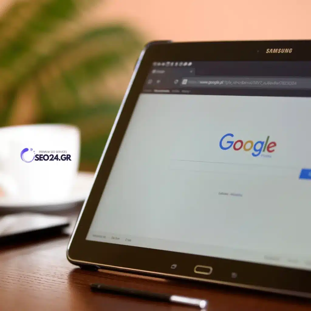 Tablet on a wooden desk showing the Google homepage, with an SEO24.GR mug in the background.