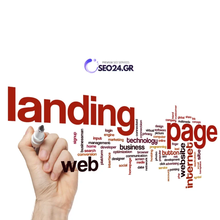 SEO landing pages τι χρειάζεται μια σελίδα για να φέρνει σωστά αιτήματα - SEO - Οργανική Απήχηση Hand holding a marker drawing the word 'web' among a large 'landing page' word cloud, with SEO24.GR logo above.