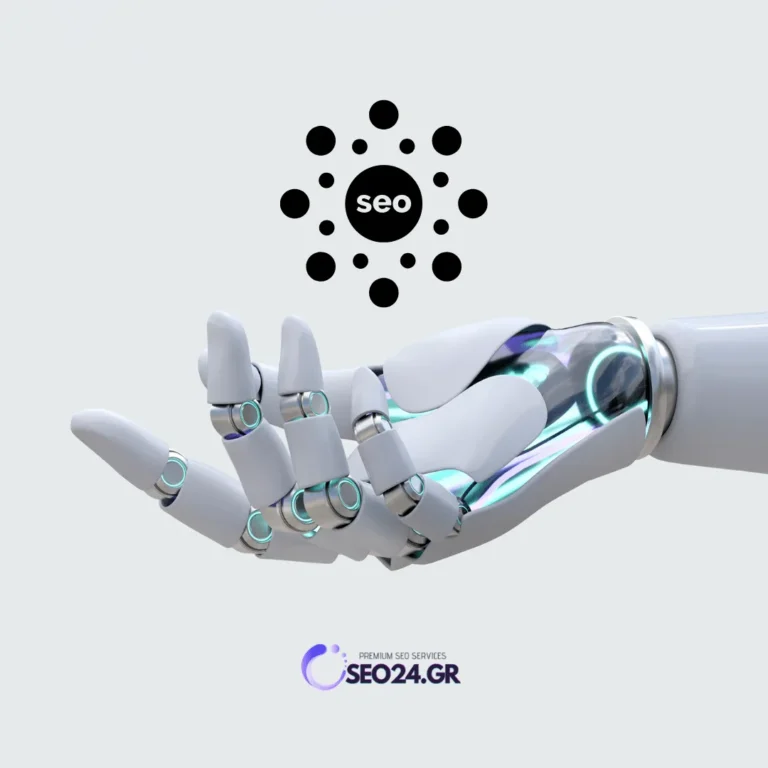 AI και SEO τι αλλάζει στην αναζήτηση και τι χρειάζεται το site σας - SEO - Οργανική Απήχηση Robotic hand extended with a black SEO circle hovering above, symbolizing AI-powered SEO services (SEO24.GR logo at bottom).