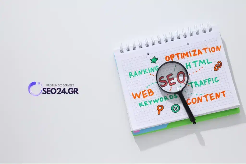 SEO για e-shop προϊόντα κατηγορίες και οργανικές πωλήσεις - SEO - Οργανική Απήχηση SEO24.GR logo on left; open notebook with 'SEO' under a magnifying glass and keywords like WEB, CONTENT, TRAFFIC, OPTIMIZATION written in colorful markers.