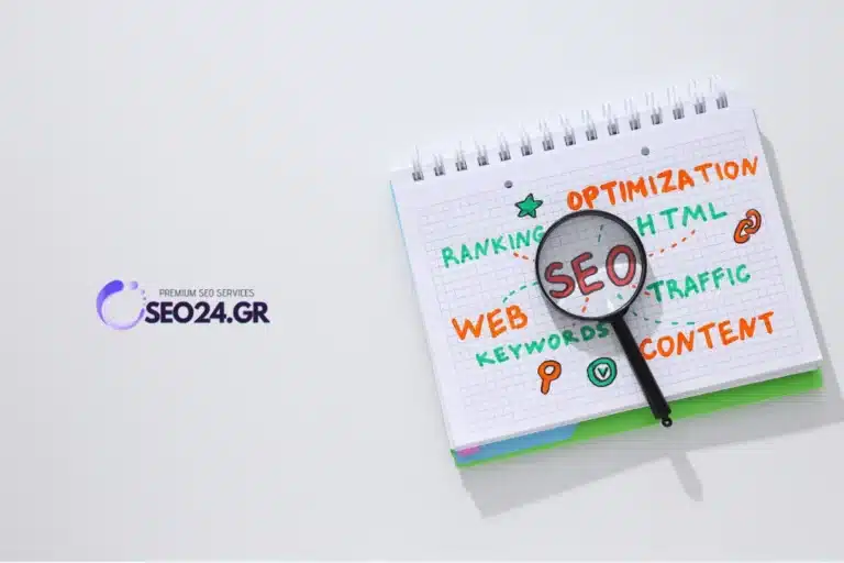SEO για e-shop προϊόντα κατηγορίες και οργανικές πωλήσεις - SEO - Οργανική Απήχηση SEO24.GR logo on left; open notebook with 'SEO' under a magnifying glass and keywords like WEB, CONTENT, TRAFFIC, OPTIMIZATION written in colorful markers.
