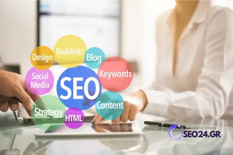 Διεθνές SEO πώς οργανώνετε ένα site για πολλές γλώσσες - SEO - Οργανική Απήχηση Multicolored circles labeled SEO terms (SEO, Content, Keywords, Backlinks, Blog, Design, Social Media, HTML, Strategy) hover over a tablet on a glass desk, signaling SEO services (SEO24.gr).