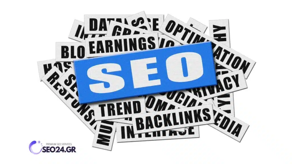 Blue 'SEO' tile over a collage of black-and-white keyword tiles (backlinks, content, trends, etc.).